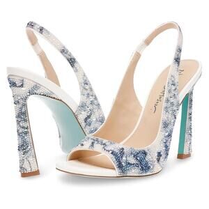 Betsey Johnson Womens Mina Heeled Sandals US 7.5 M Blue Rhinestone Satin NIB